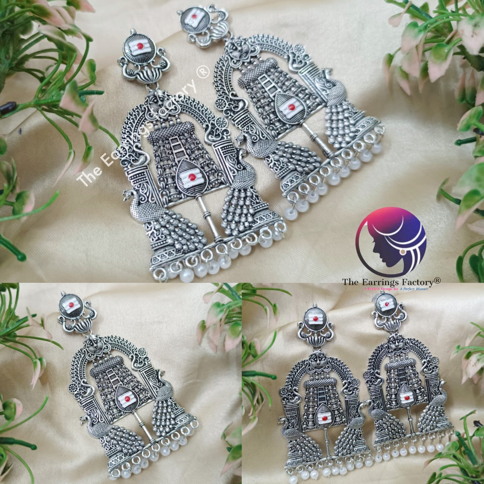 Traditional Gopuram Silver Pearl Beads Dangle Vel Earrings