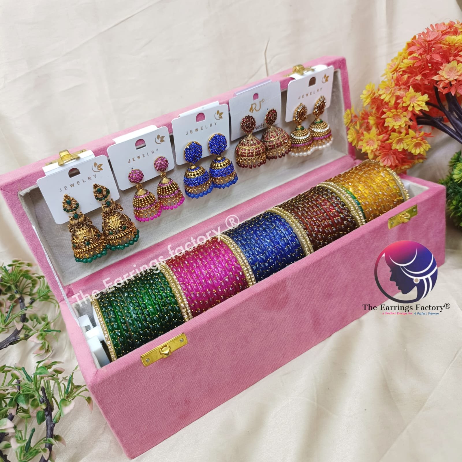 Trending Set of 5 Raindrop Glass Bangles and Jhumka With box