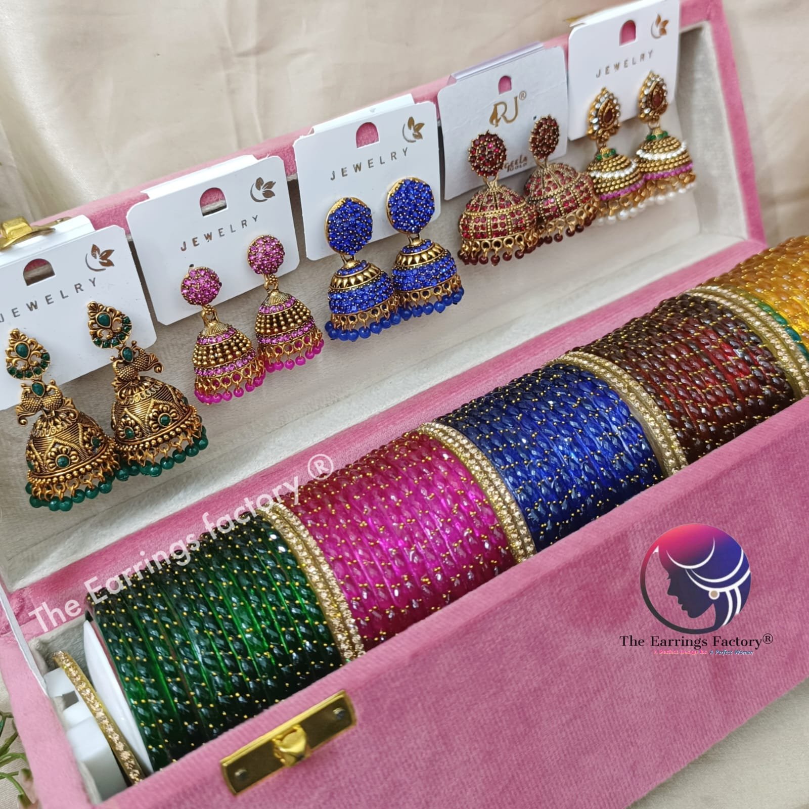 Trending Set of 5 Raindrop Glass Bangles and Jhumka With box - Image 2