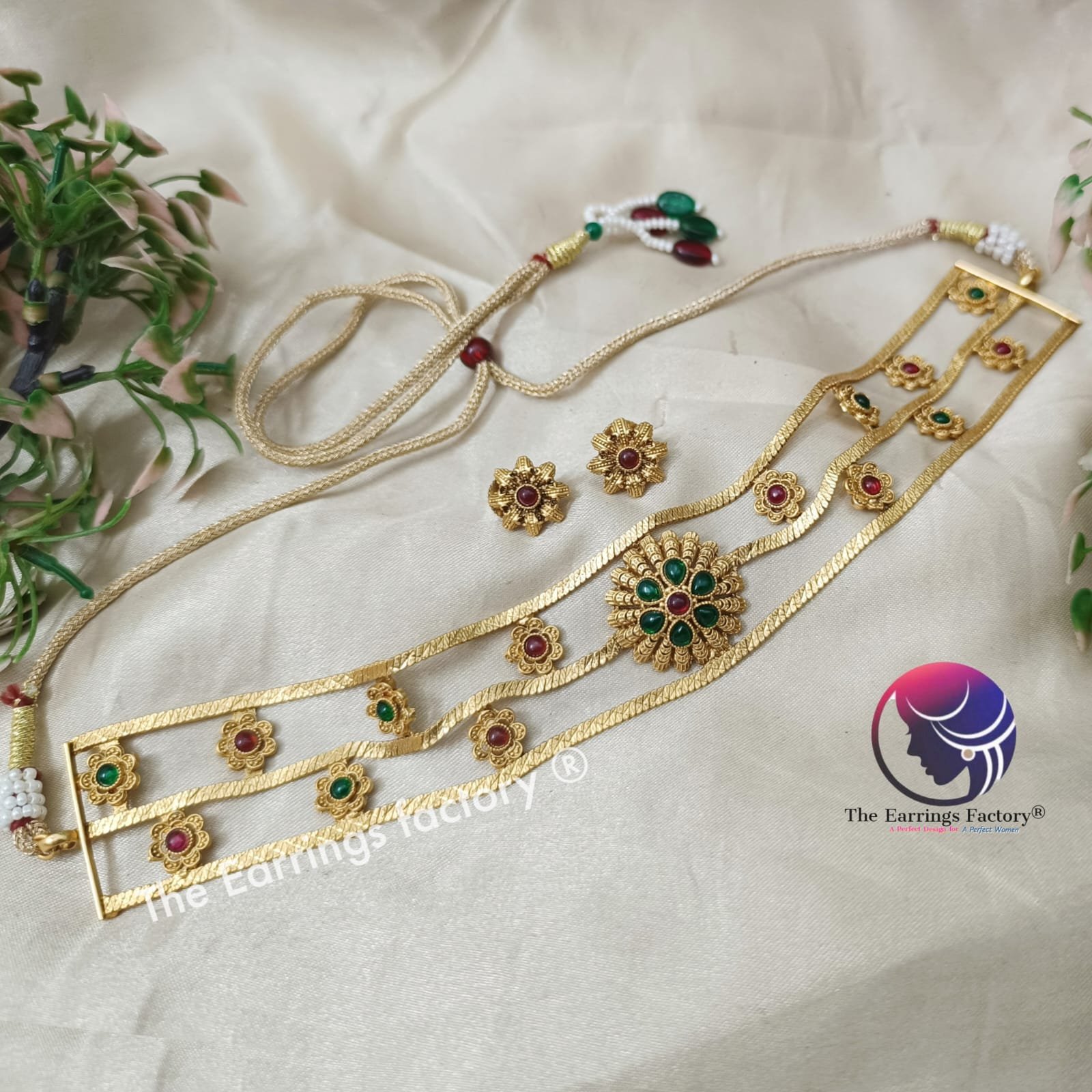 Trending Antique Floral Multi Stone Neckset with Earrings