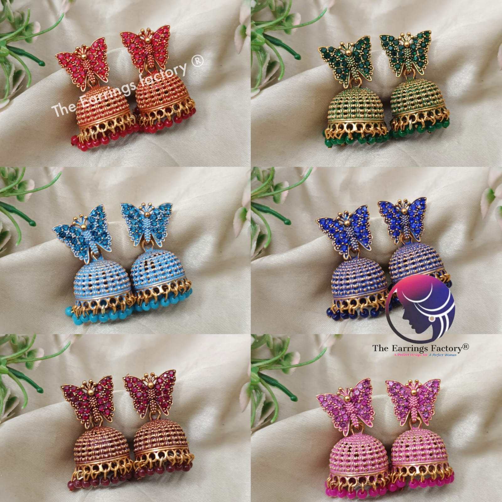 Traditional Golden Butterfly Colourful Pearl Beads Stone Jhumka
