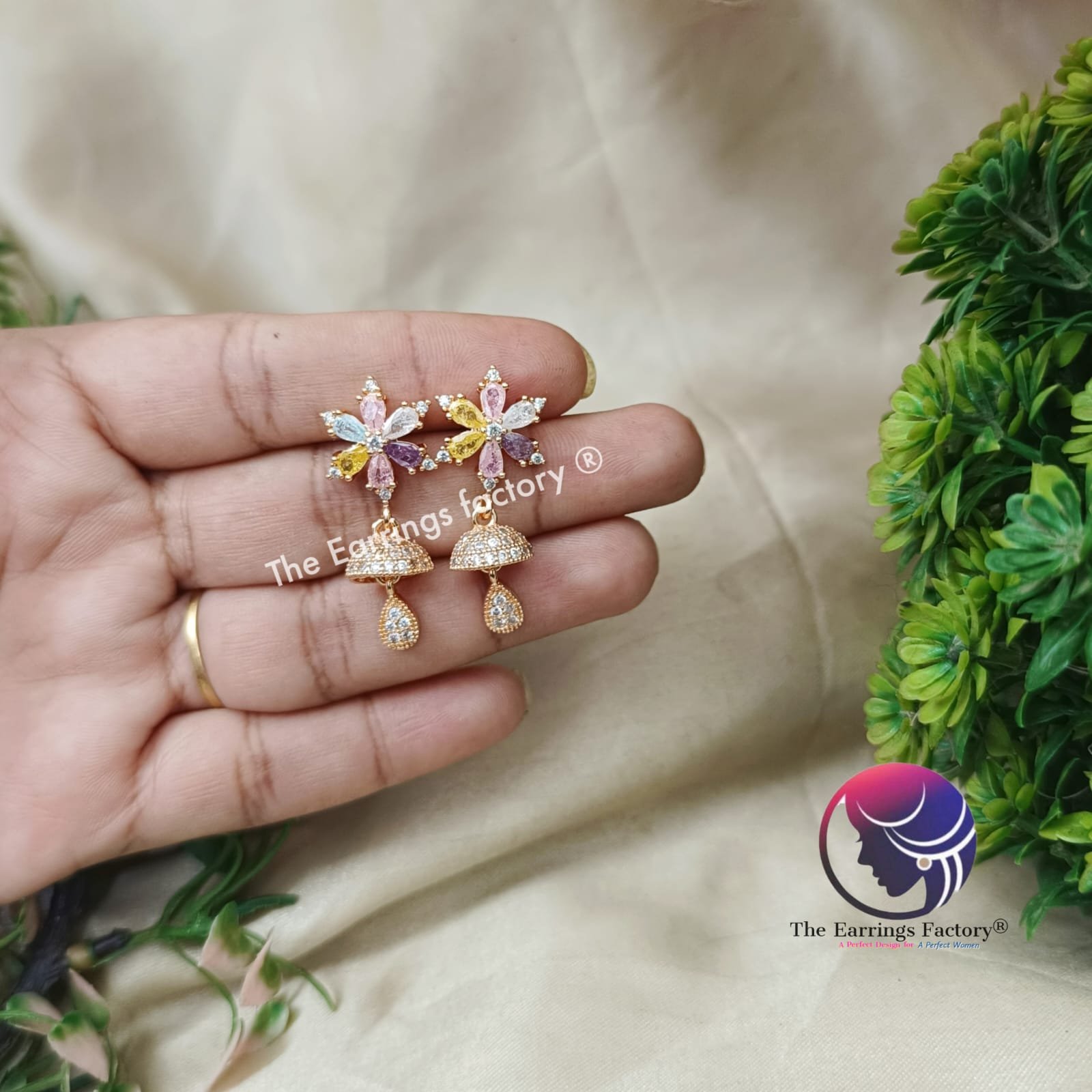 Daily Wear Golden Floral AD Stone Jhumka