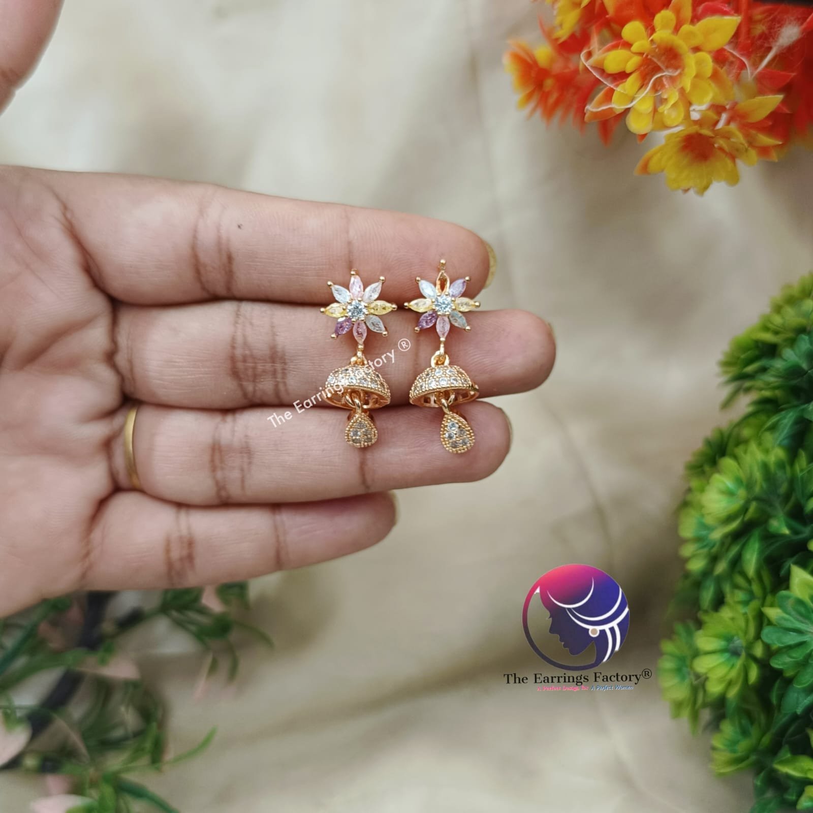 Daily Wear Golden Floral AD Stone Jhumka