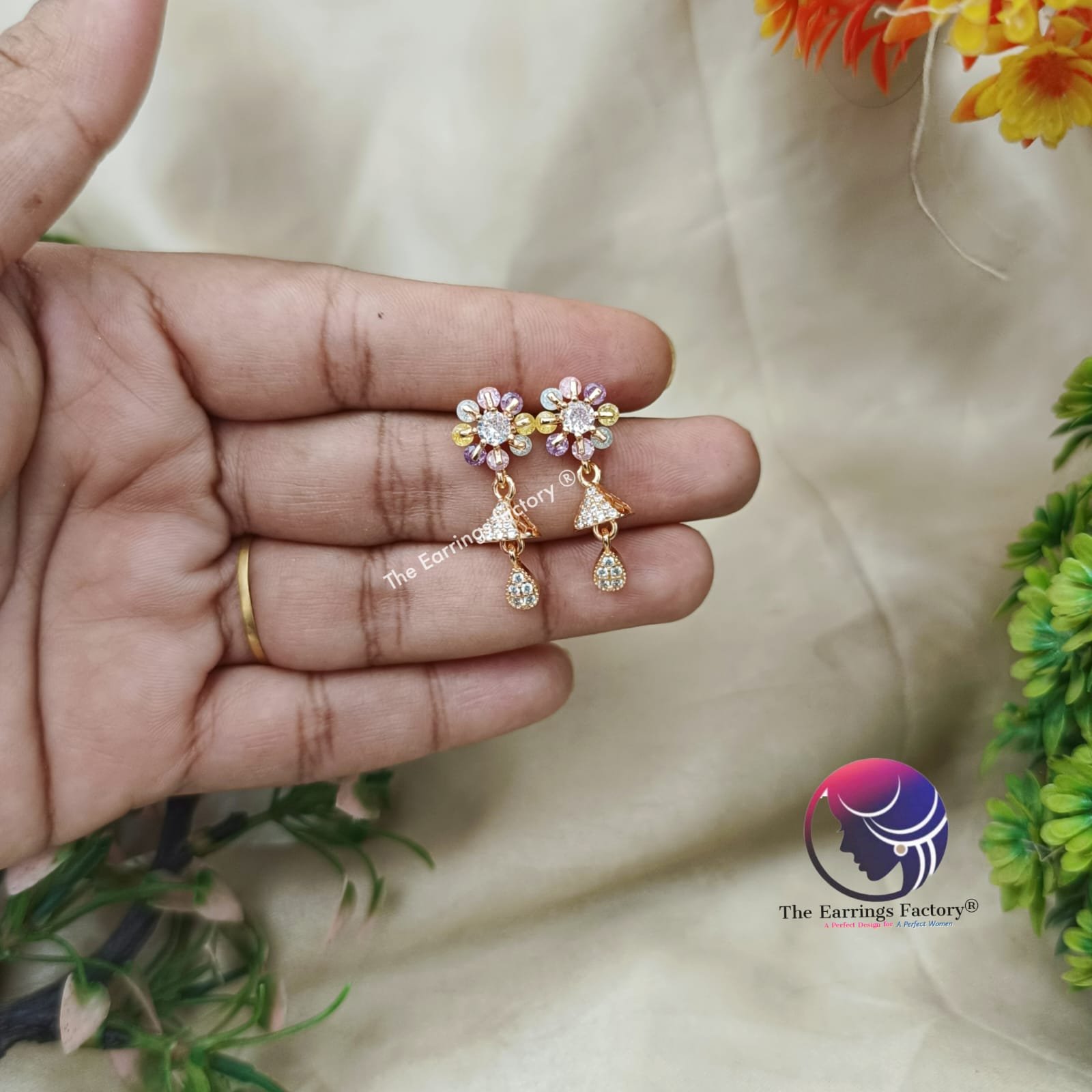 Daily Wear Golden Floral AD Stone Jhumka