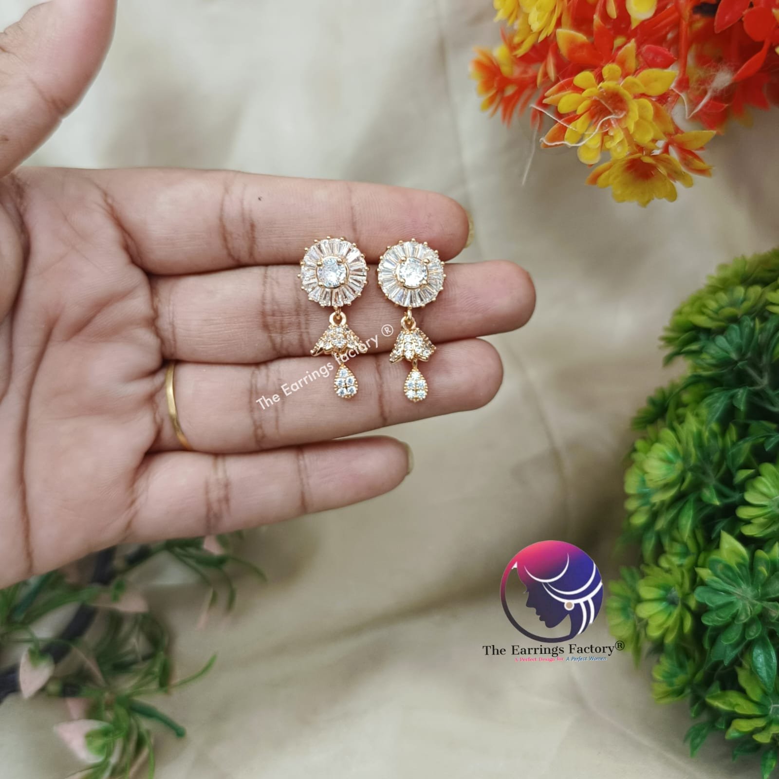 Daily Wear Golden Floral AD Stone Jhumka