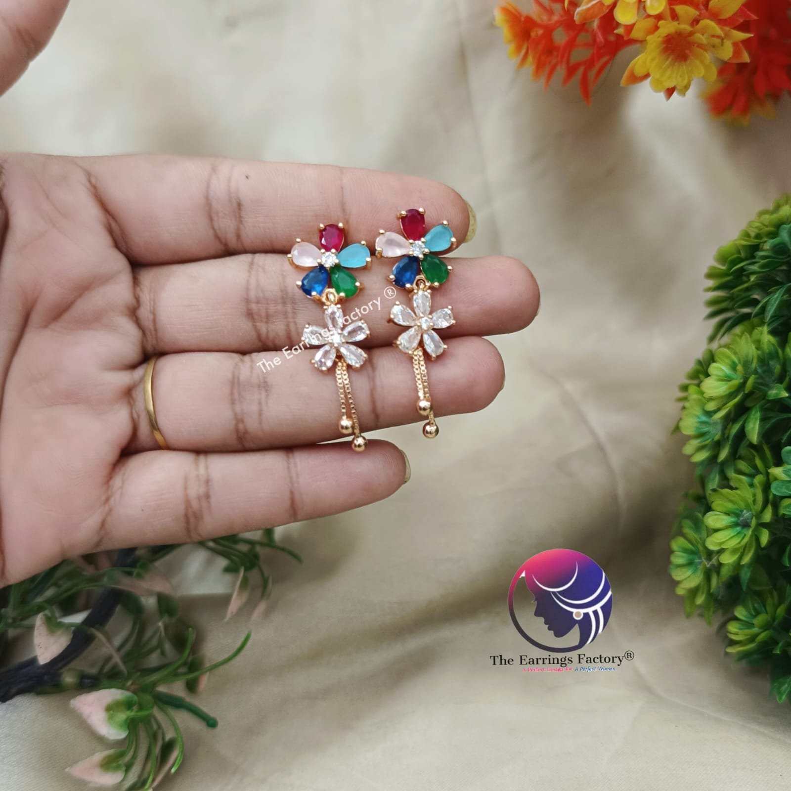 Daily Wear CZ AD Stone Multi colour Floral Stud Earrings