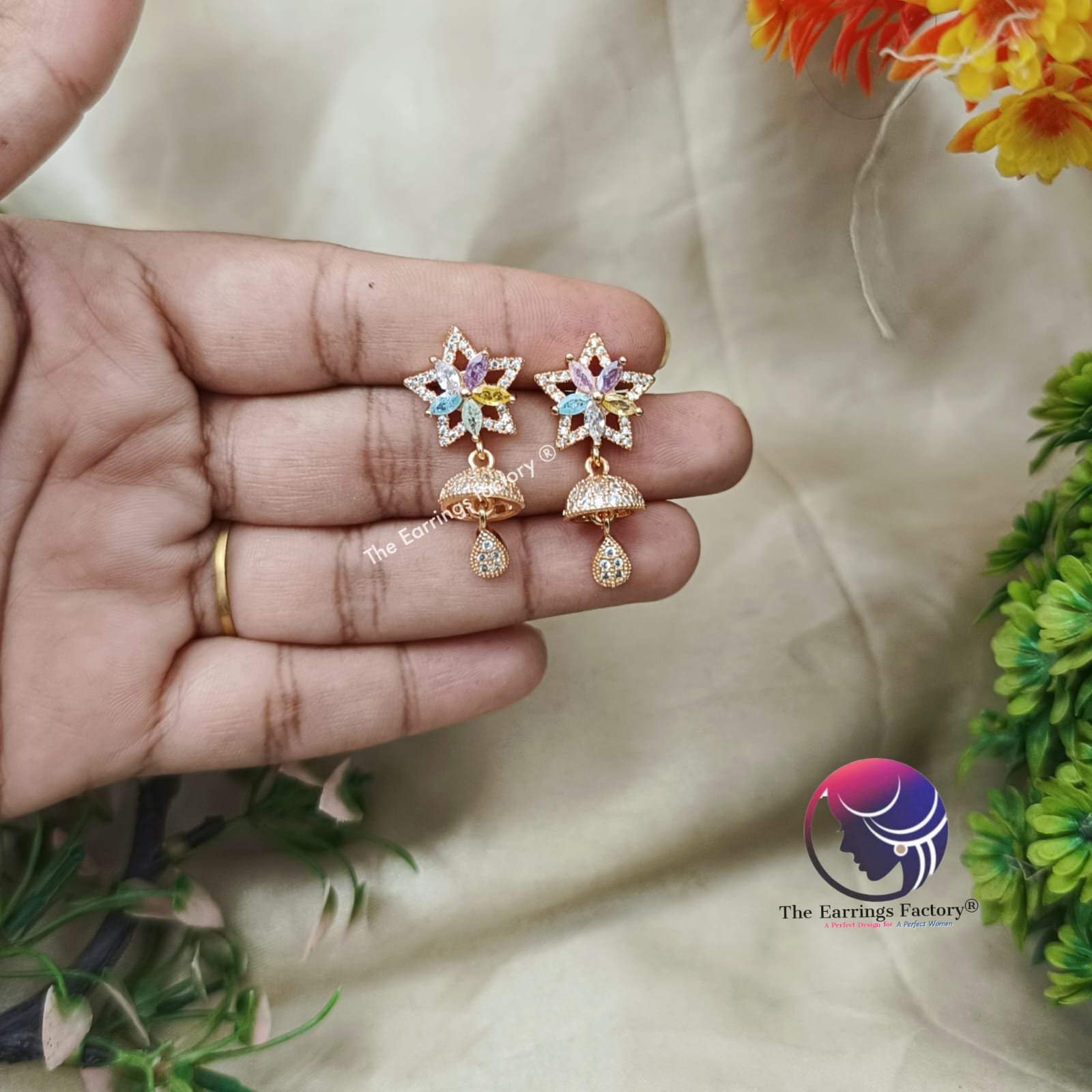 Daily Wear Golden Floral AD Stone Jhumka