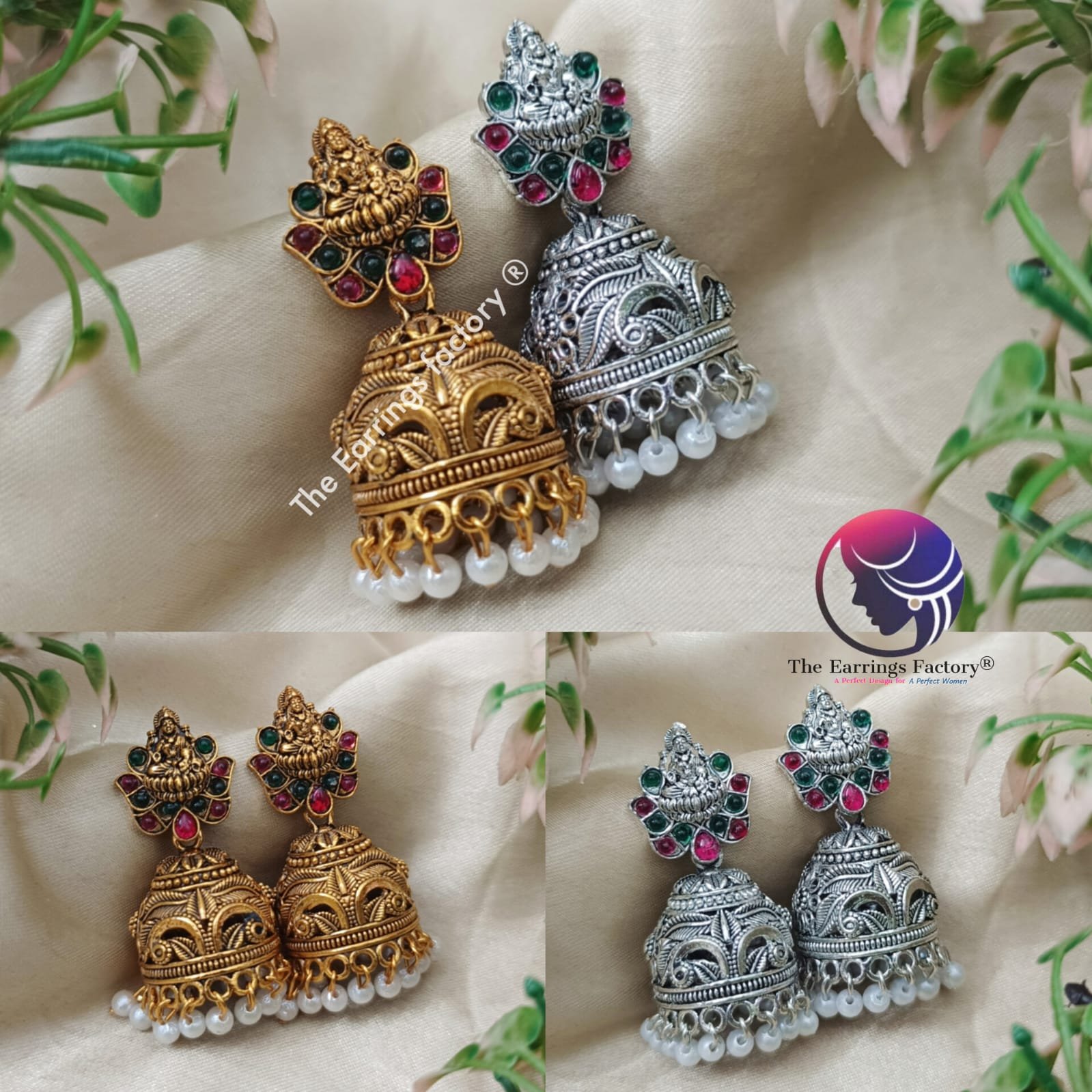 Traditional Golden | Silver Lakshmi Pearl beads Stone temple Jhumka