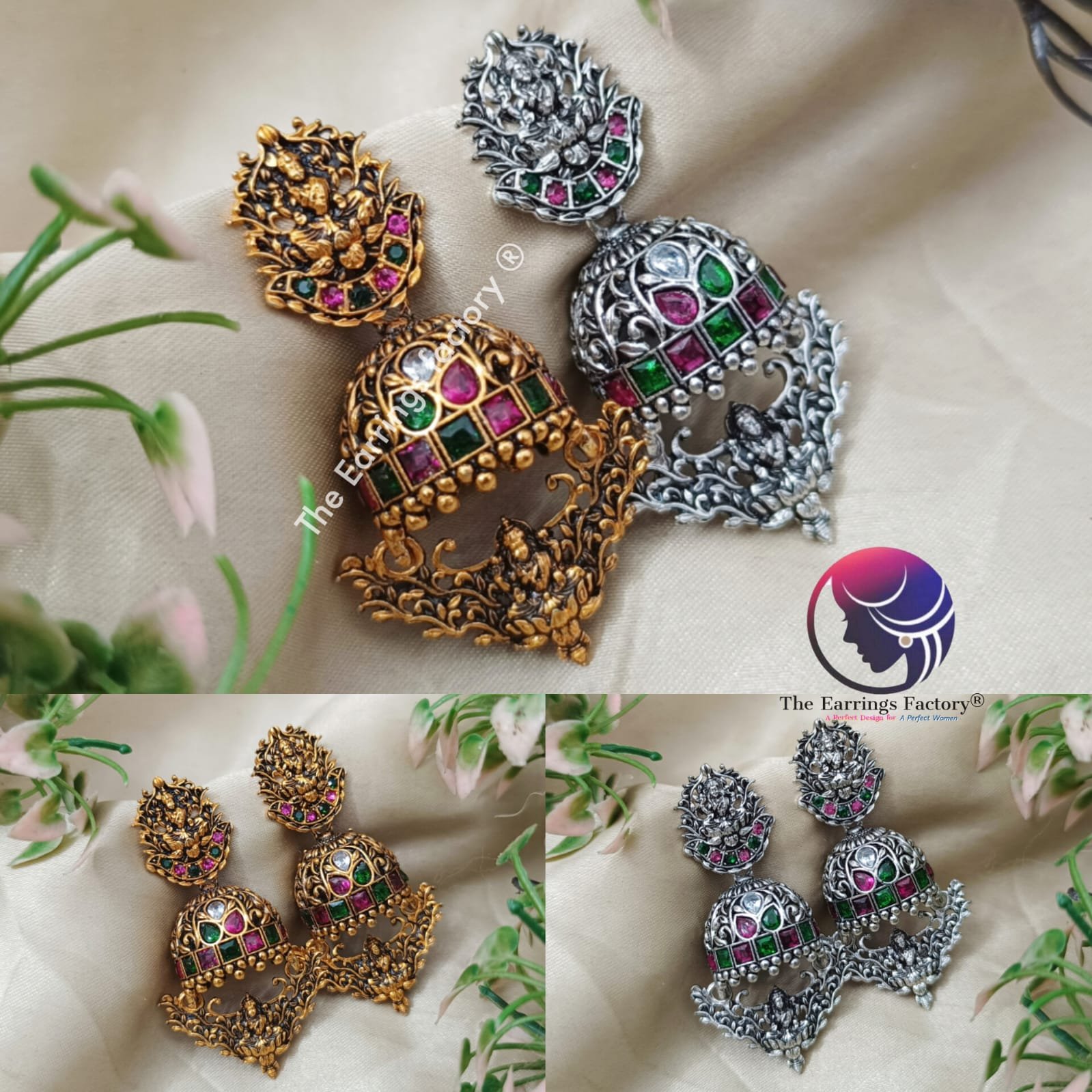 Traditional Golden | Silver Lakshmi Pearl beads Multi Stone temple Jhumka