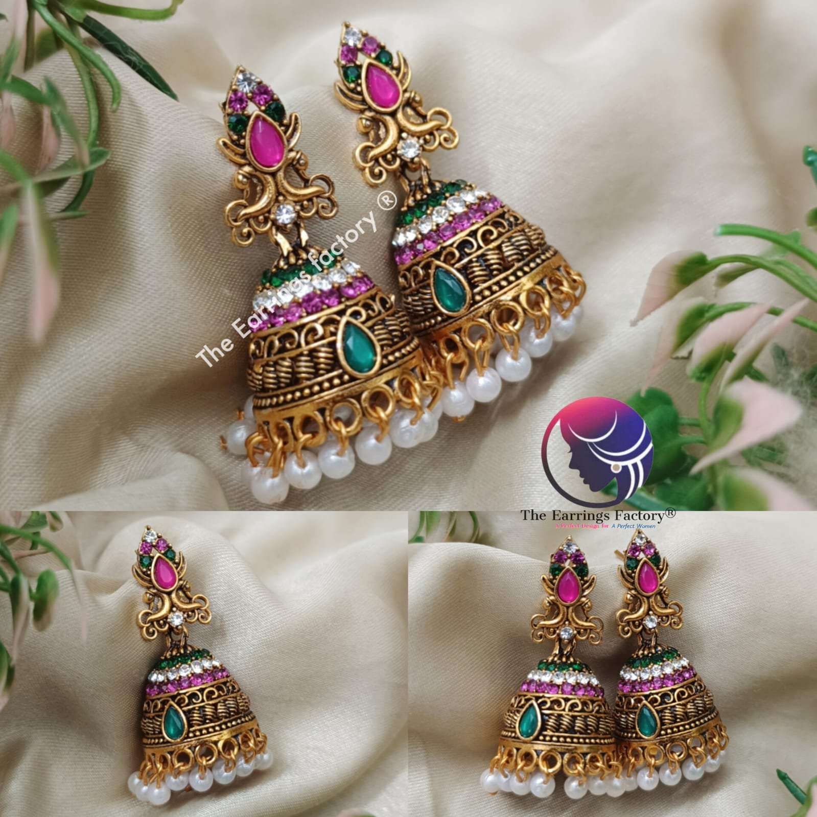 Traditional Golden Pearl Beads Multi Stone Jhumka