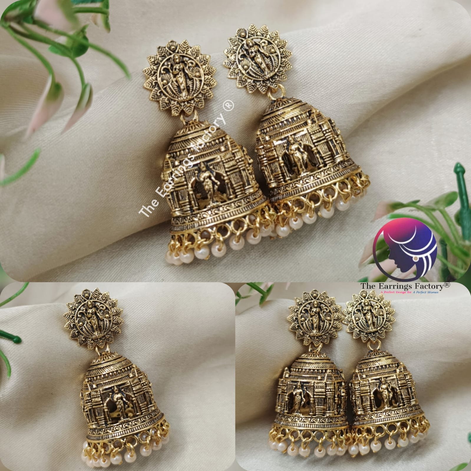 Traditional Golden Lakshmi Pearl beads temple Jhumka