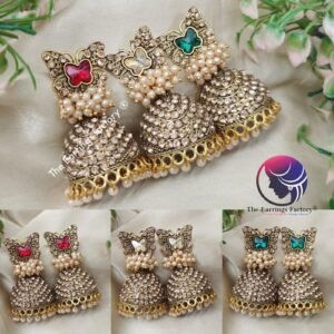 Traditional Golden Butterfly Pearl Beads Crystal Stone Jhumka