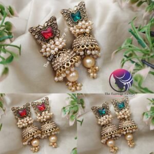 Traditional Golden Butterfly Pearl Beads Crystal Stone Jhumka