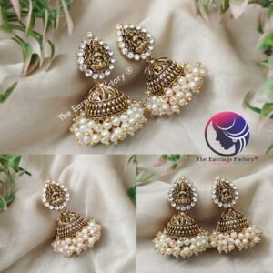 Traditional Golden Lakshmi White Stone Pearl Beads temple Jhumka