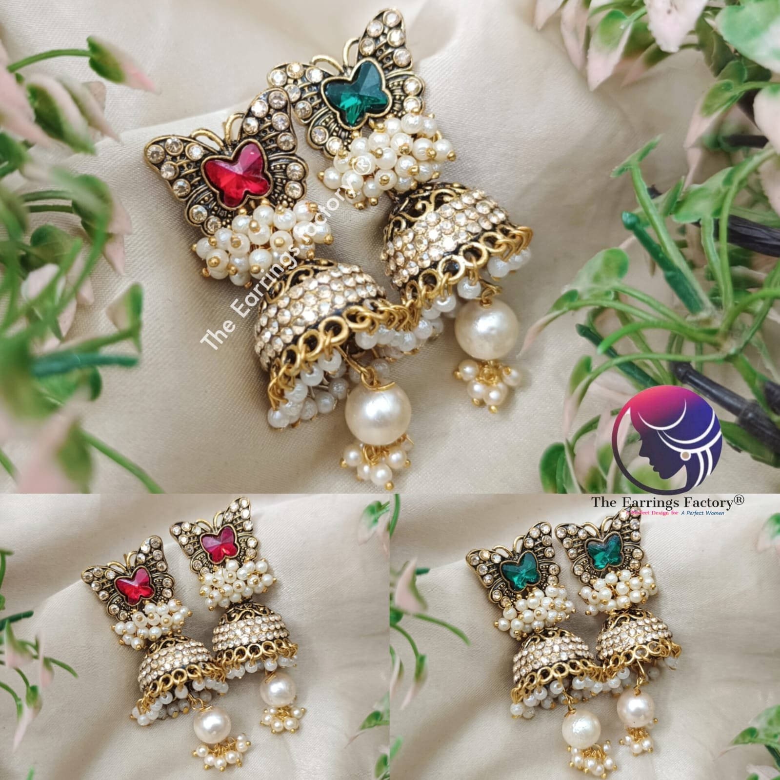 Traditional Golden Butterfly Pearl Beads Crystal Stone Jhumka