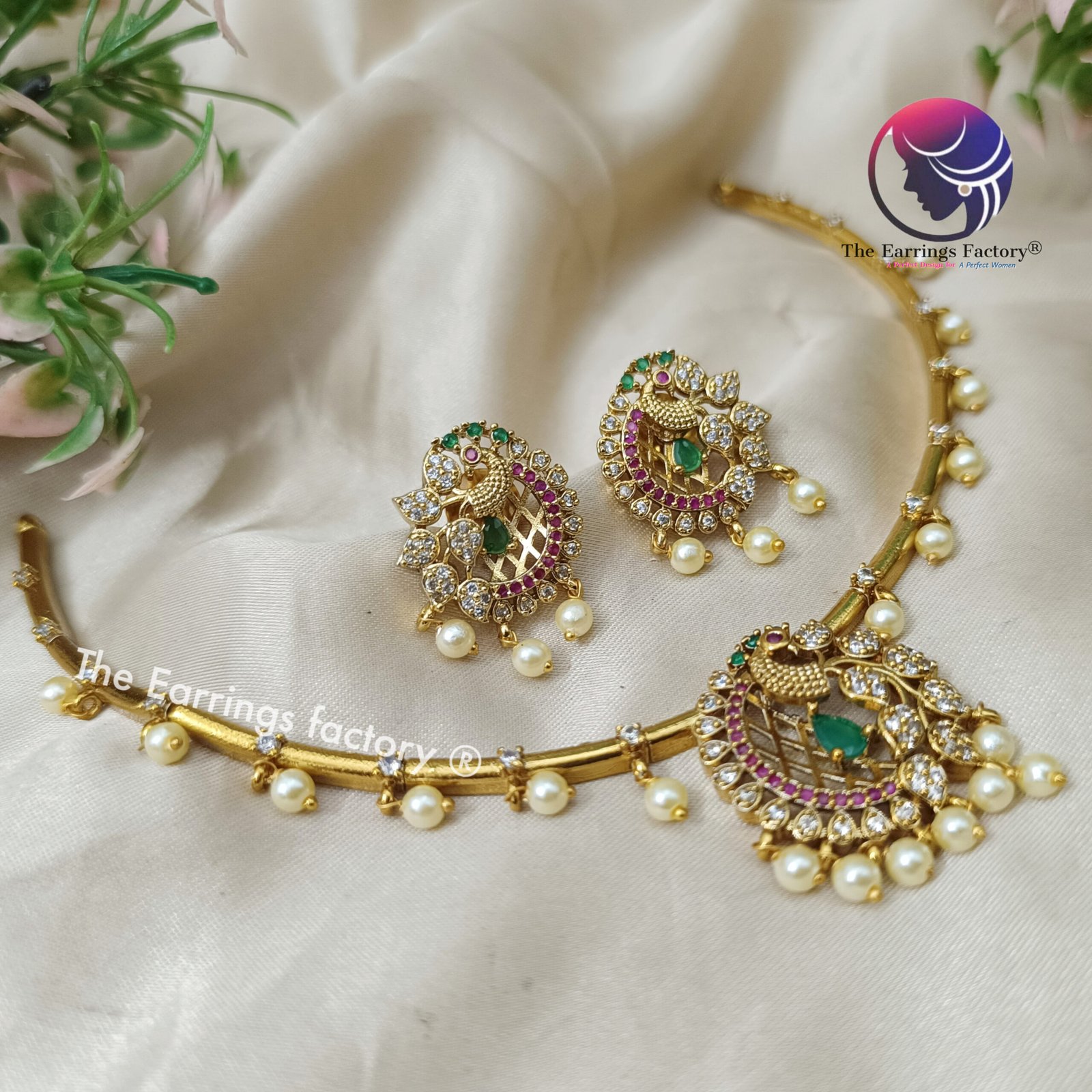 Trending Antique Peacock Multi AD Stone Pearl Beads Neckset with Earrings
