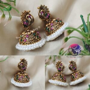 Traditional Golden Multi Stone Peacock Pearl Jhumka
