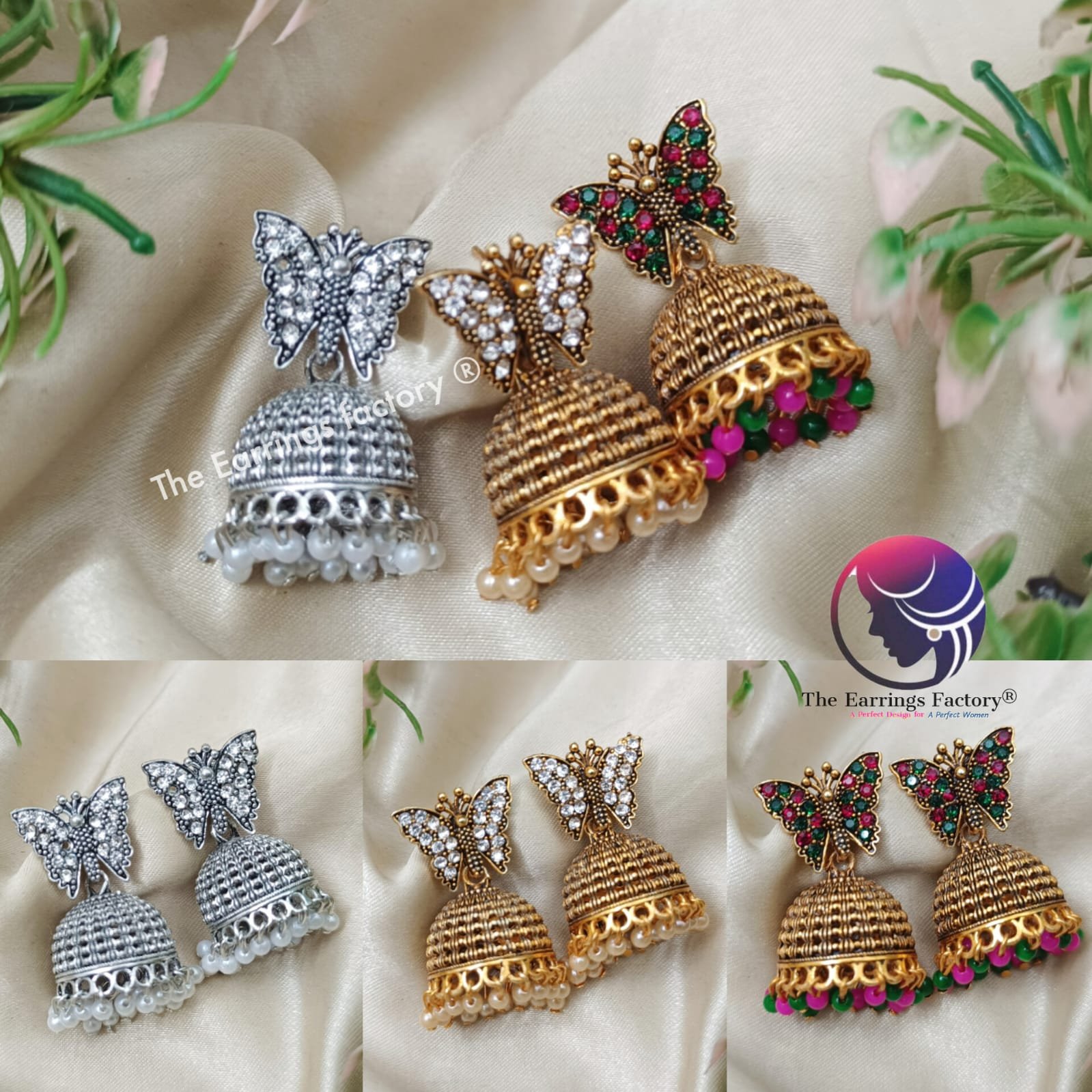 Trending Golden | Silver Butterfly Pearl Beads Stone Jhumka