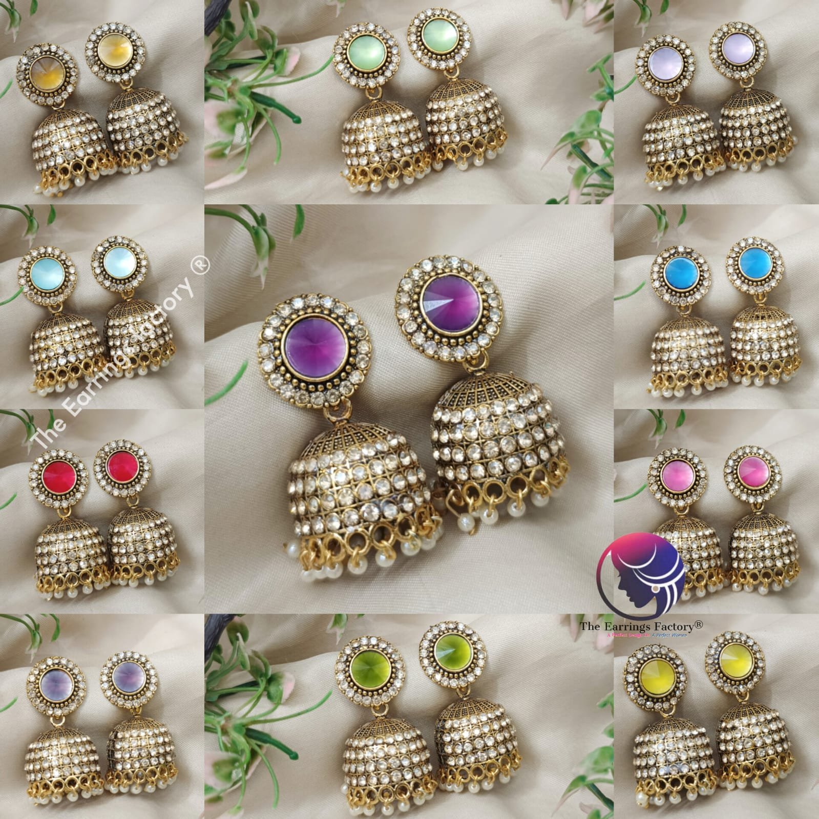 Traditional Golden Pearl beads Crystal stone jhumka