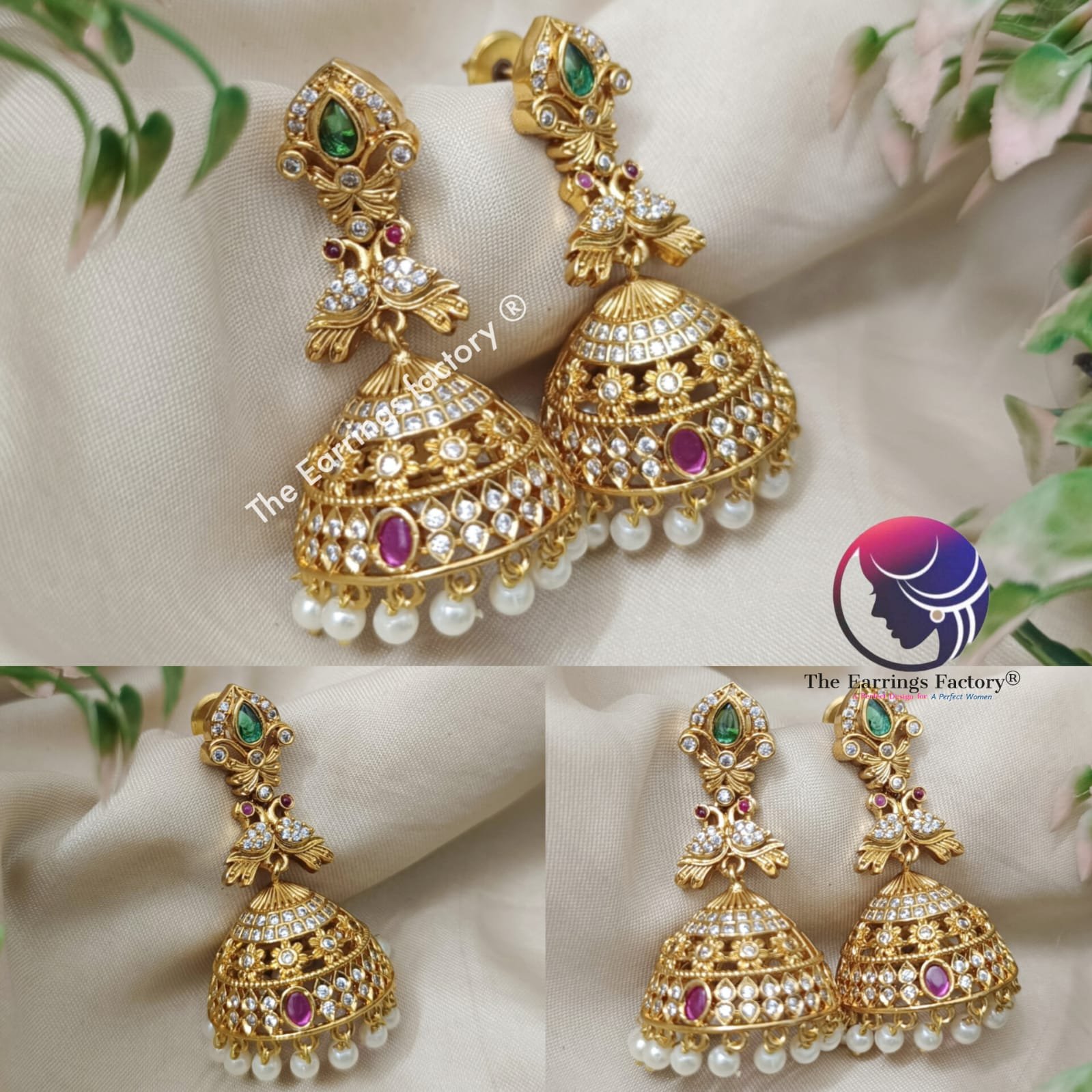 Traditional Antique Peacock Pearl Beads Multi Stone Jhumka