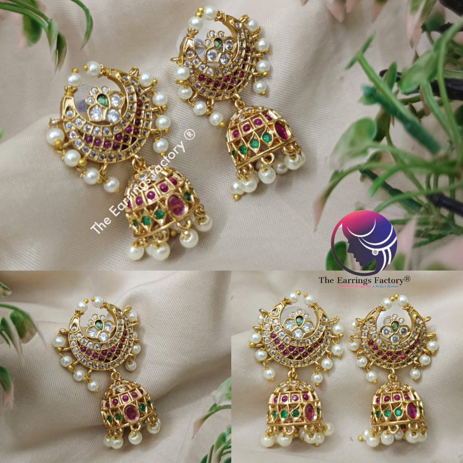 Traditional Antique Pearl beads Multi stone Jhumka