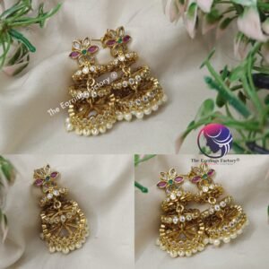 Traditional Antique Three Layer Floral Multi Stone Jhumka