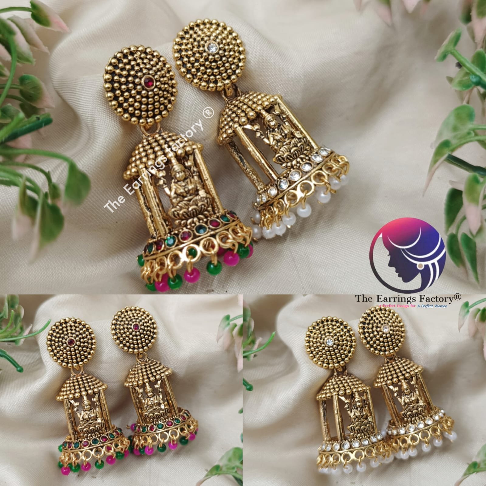 Traditional Golden Lakshmi pearl beads temple Stone Jhumka