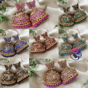Traditional Golden Butterfly Colourful Pearl Beads Stone Big Jhumka