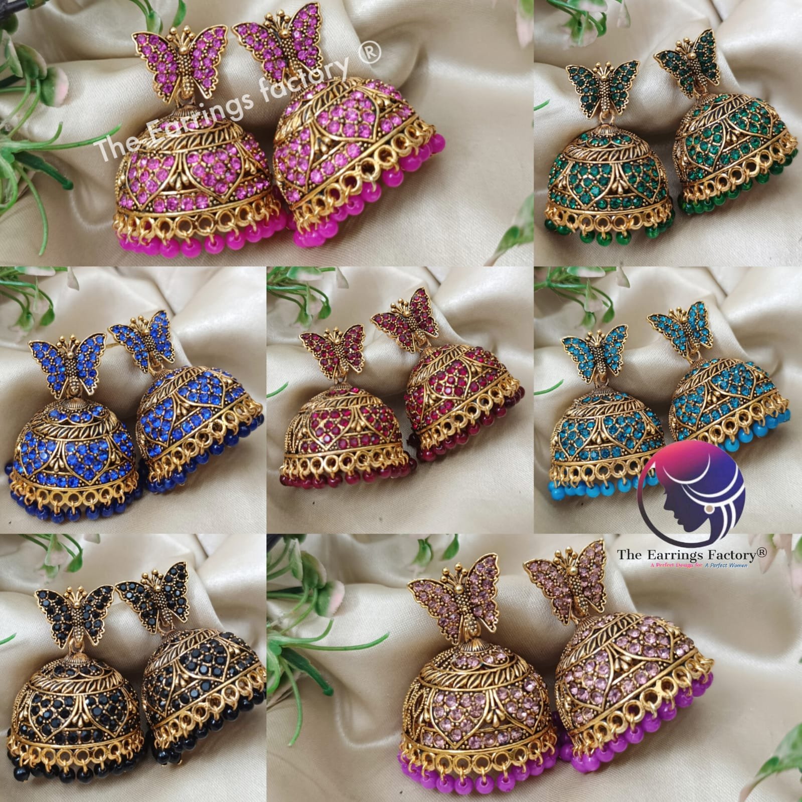 Traditional Golden Butterfly Colourful Pearl Beads Stone Big Jhumka