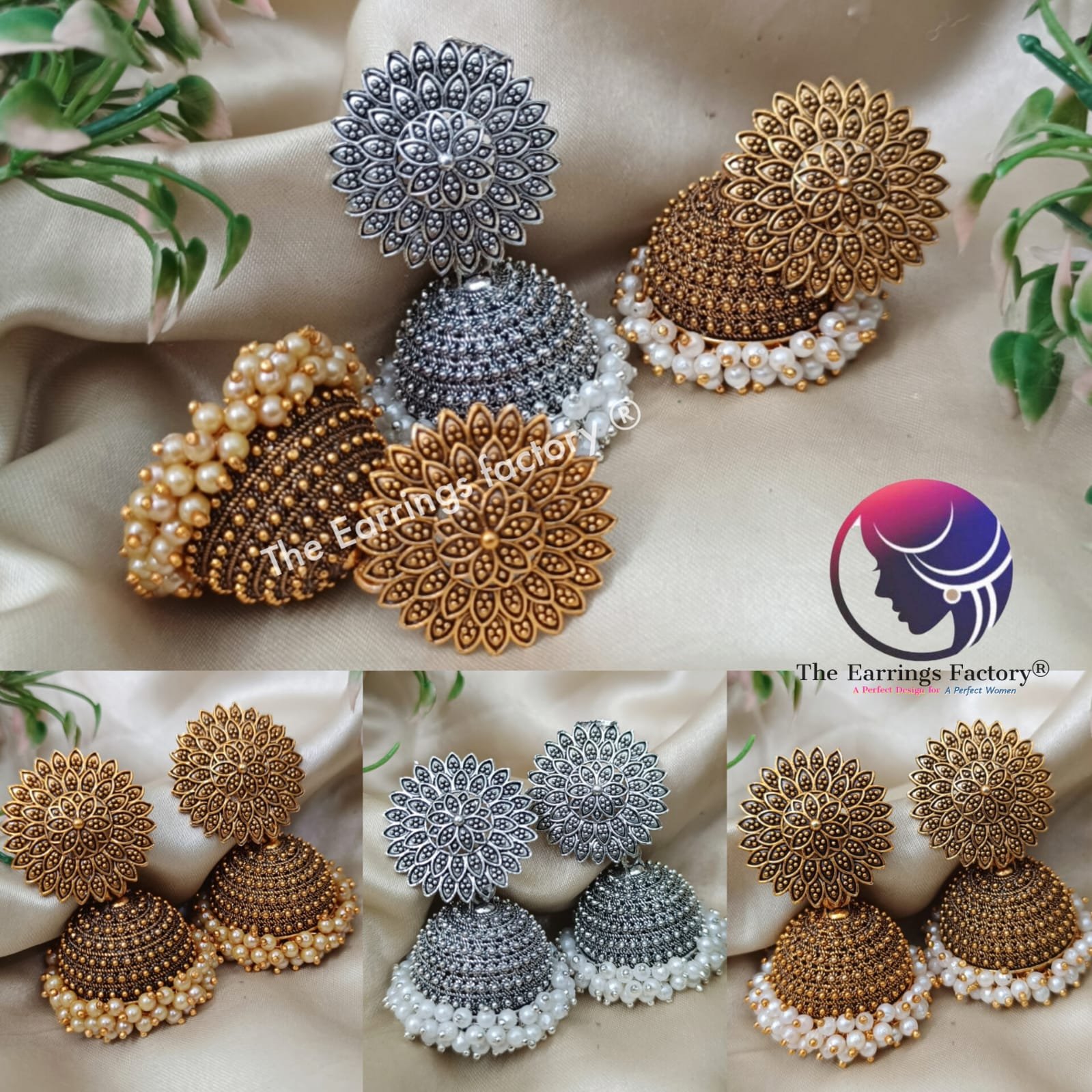 Traditional Golden | Silver Pearl Beads Big Jhumka
