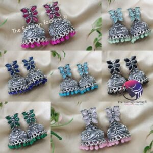 Traditional Silver Butterfly Colourful Pearl Beads Stone Jhumka