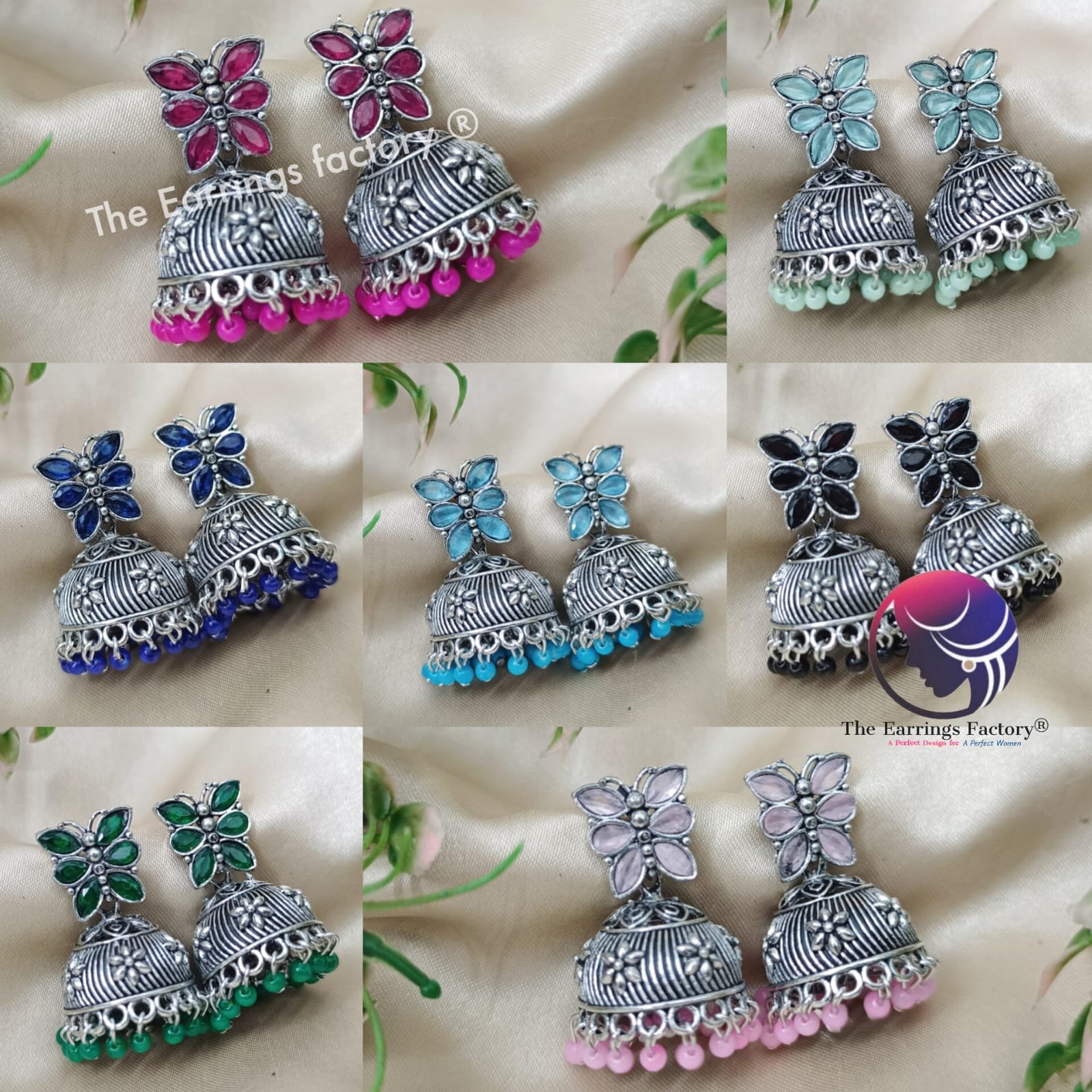 Traditional Silver Butterfly Colourful Pearl Beads Stone Jhumka