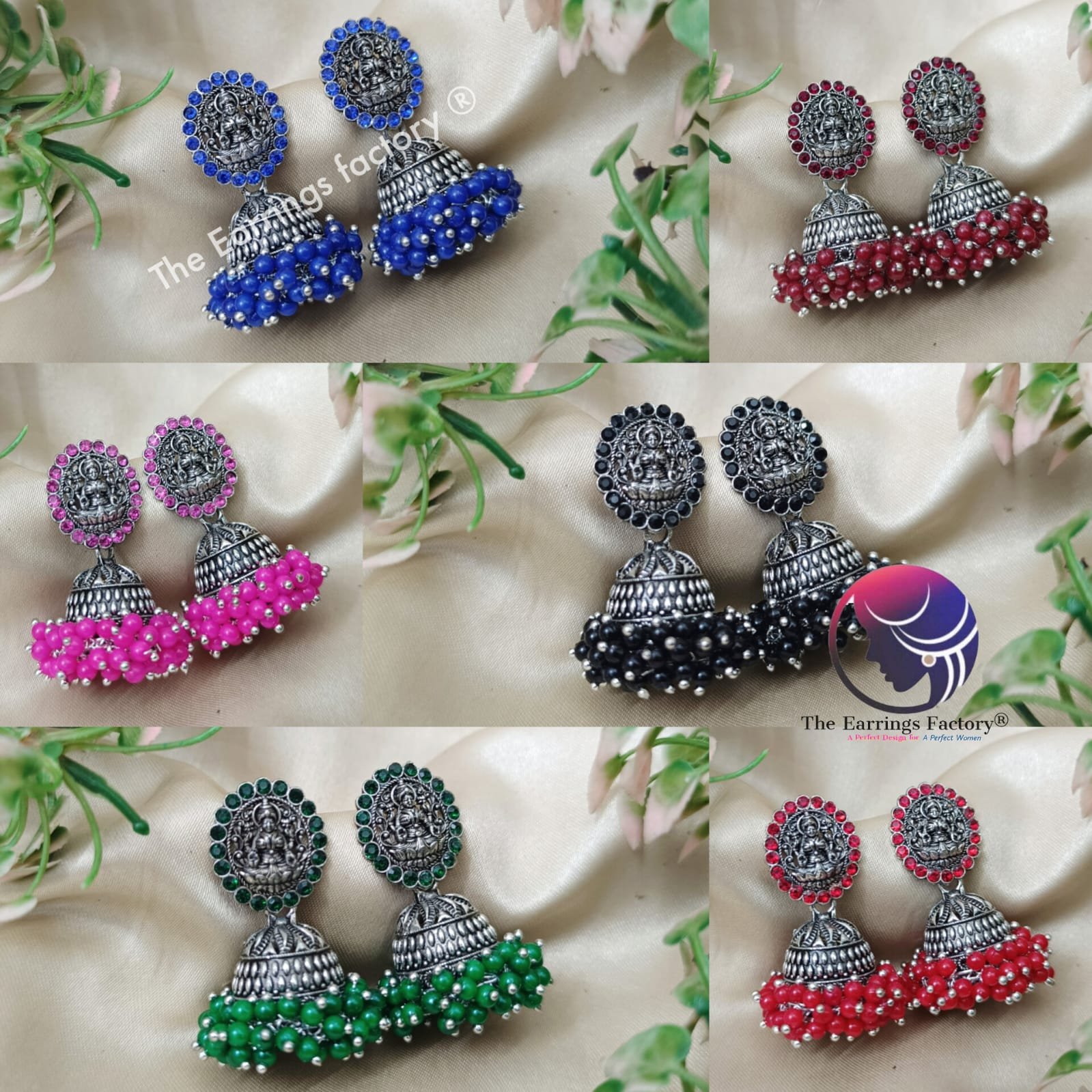 Traditional Silver lakshmi Colourful Pearl beads stone Temple jhumka