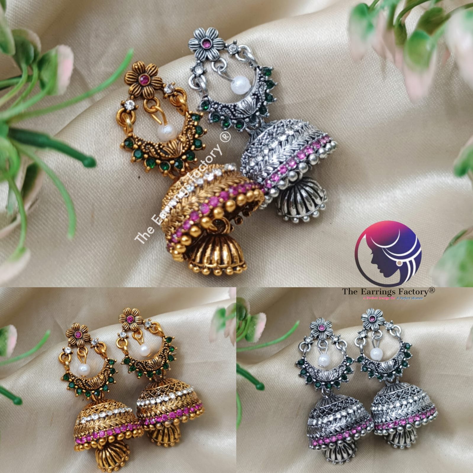 Traditional Golden | silver Pearl Beads Multi Stone Jhumka