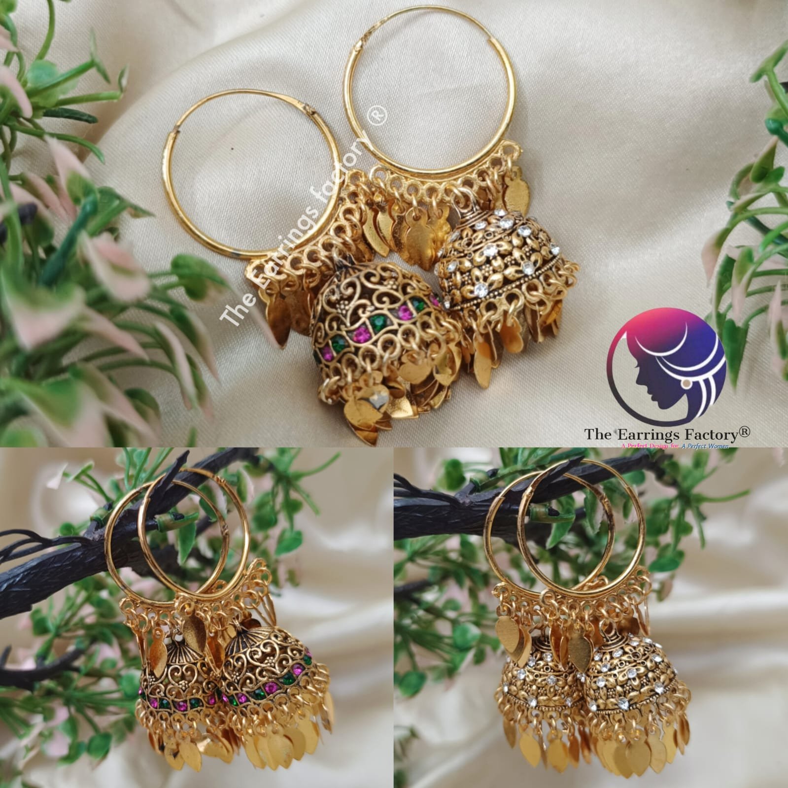 Traditional Golden Metal Leaf Stylish Hoop Elakkuthali Stone Jhumka