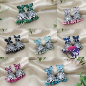 Traditional Silver Butterfly Colourful Pearl Beads Stone Jhumka