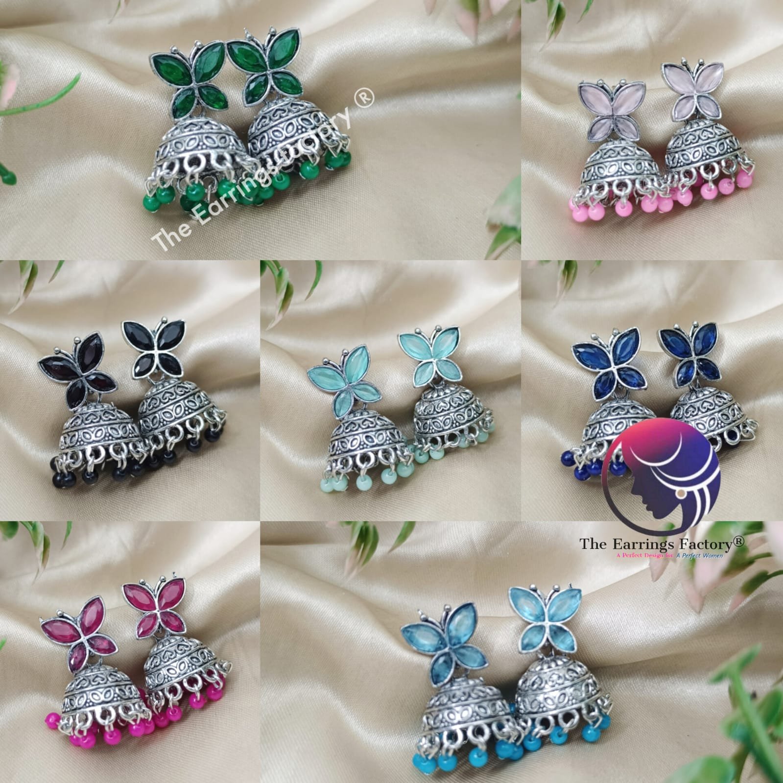 Traditional Silver Butterfly Colourful Pearl Beads Stone Jhumka