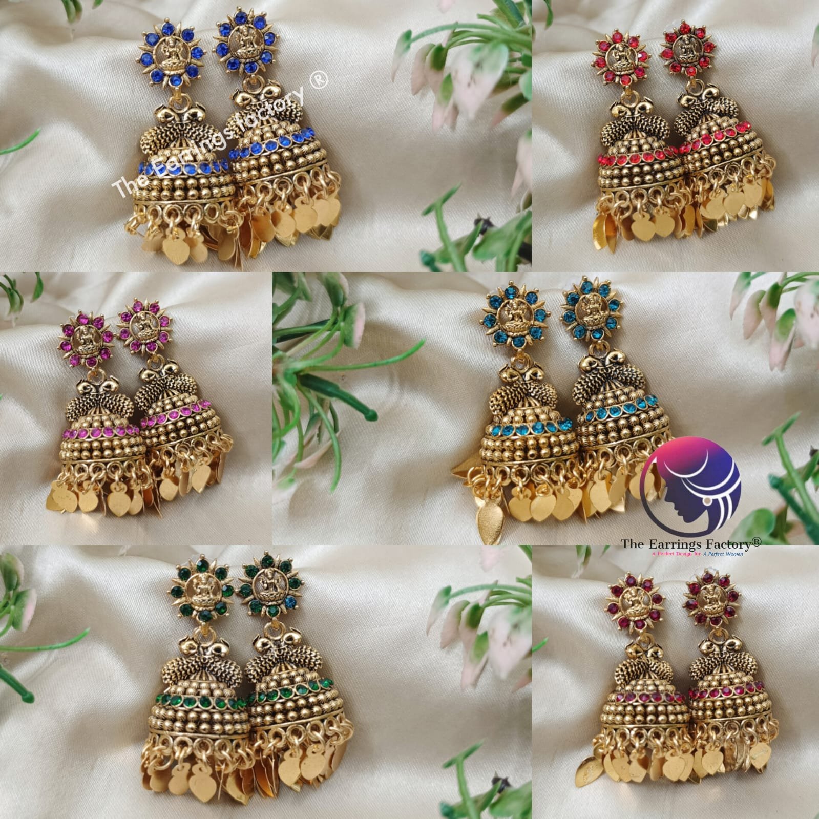 Traditional Lakshmi Golden Colourful Metal Leaf Elakkuthali Temple stone jhumka