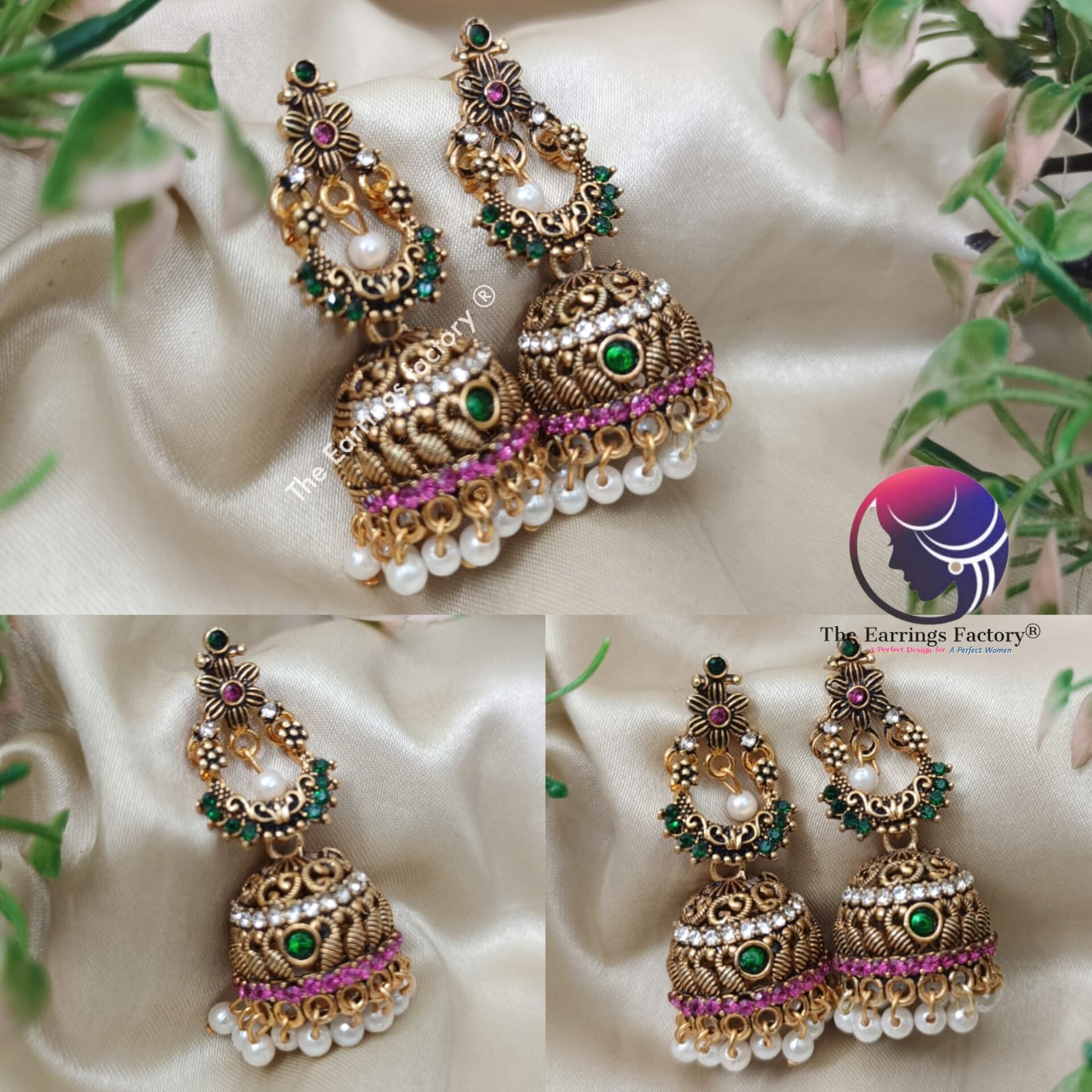 Traditional Golden Pearl Beads Multi Stone Jhumka