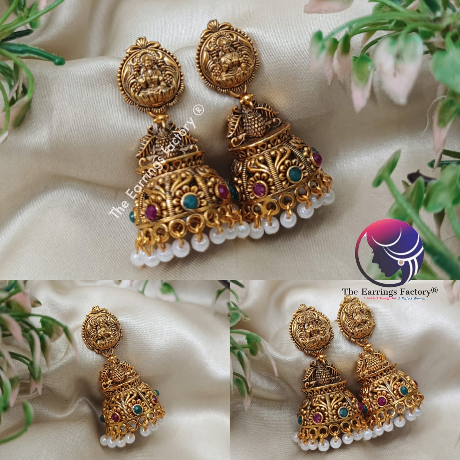 Traditional Golden Lakshmi Pearl beads Stone temple Jhumka