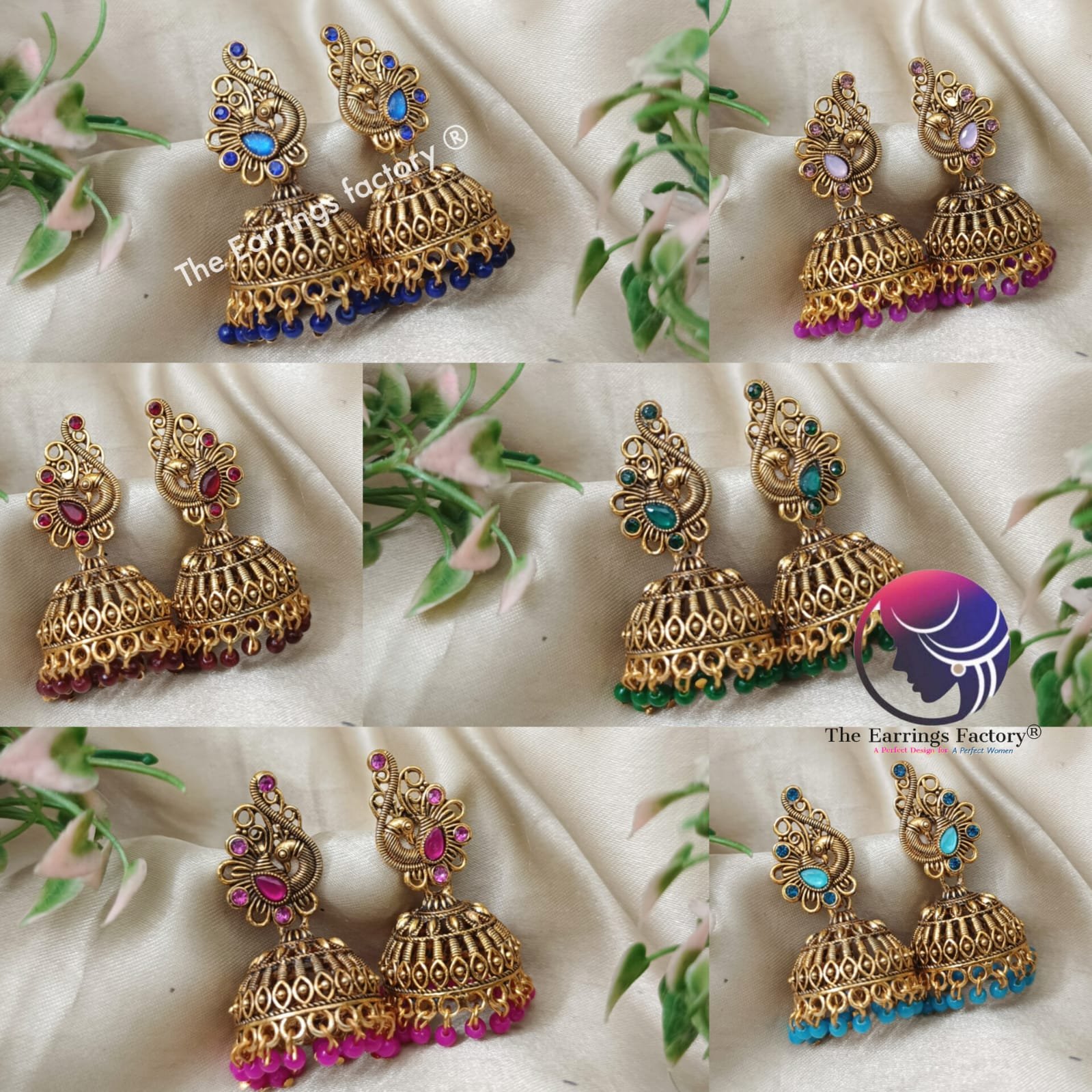 Traditional Golden Peacock Colourful Pearl beads Stone jhumka
