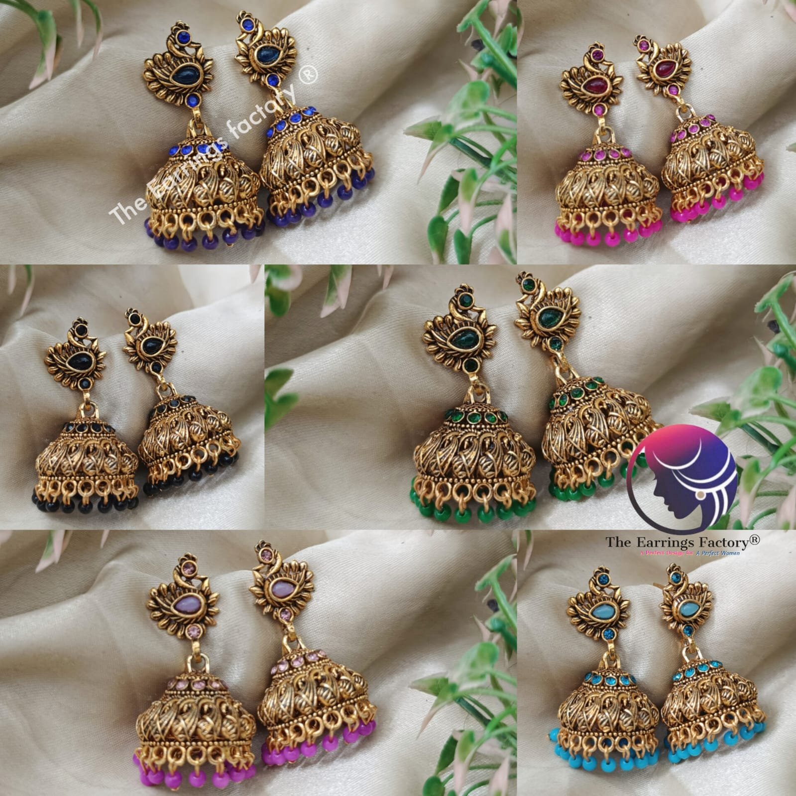 Traditional Golden Peacock Colourful Pearl beads Stone jhumka
