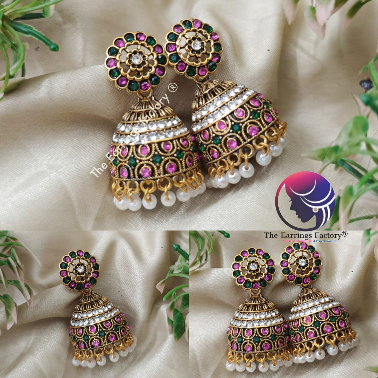 Traditional Golden Multi Stone stone Jhumka