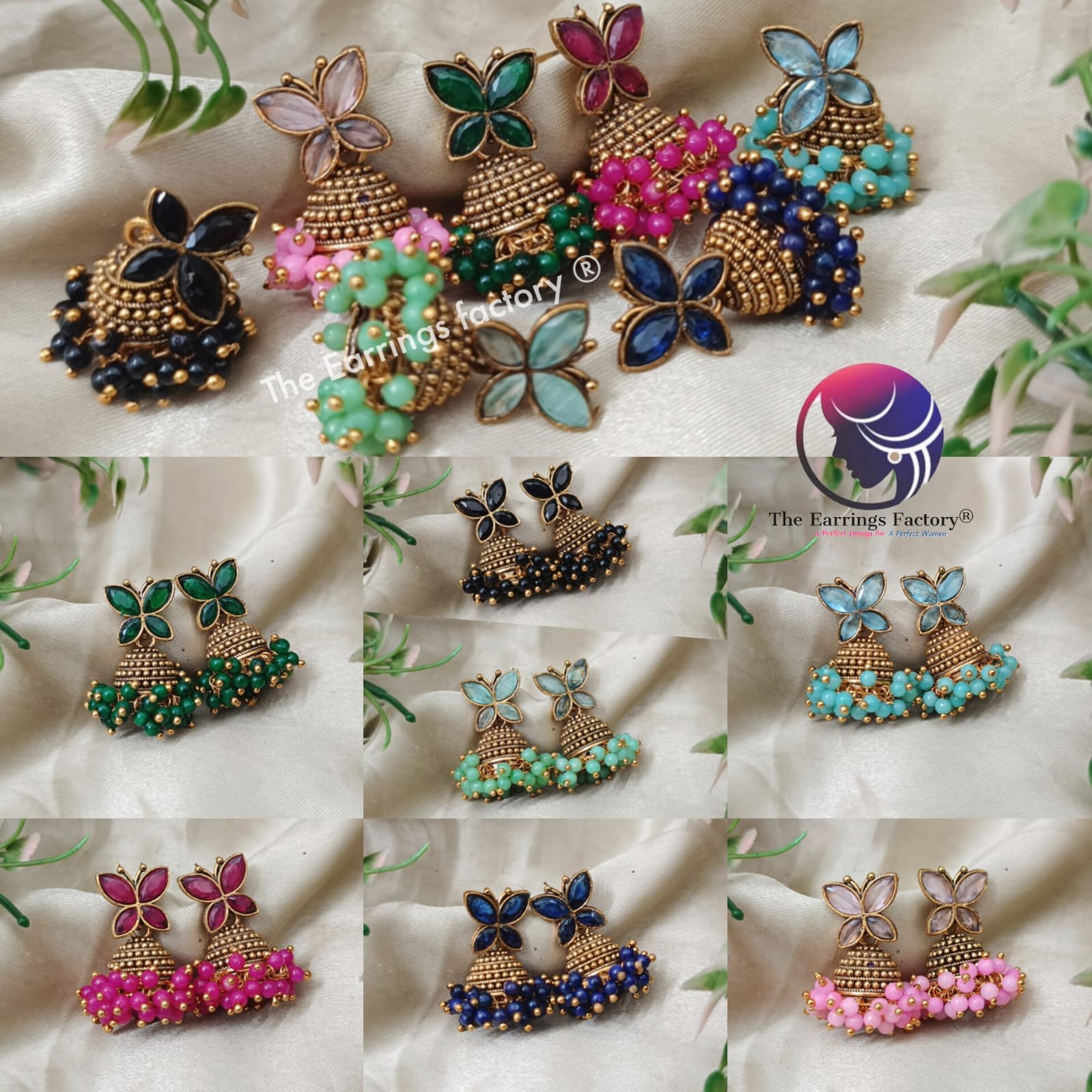 Traditional Golden Butterfly Colourful Pearl beads Stone jhumka