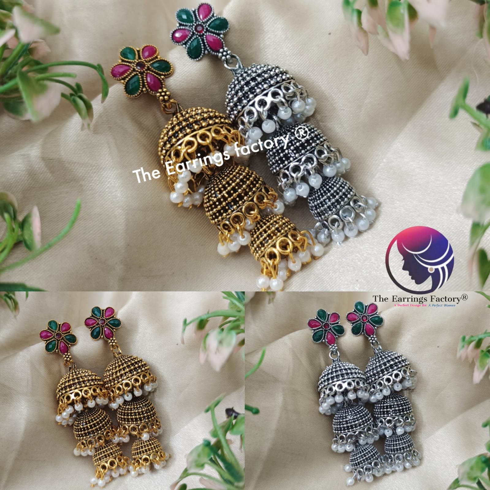 Traditional Golden | Silver three Layer Multi Floral Stone Jhumka