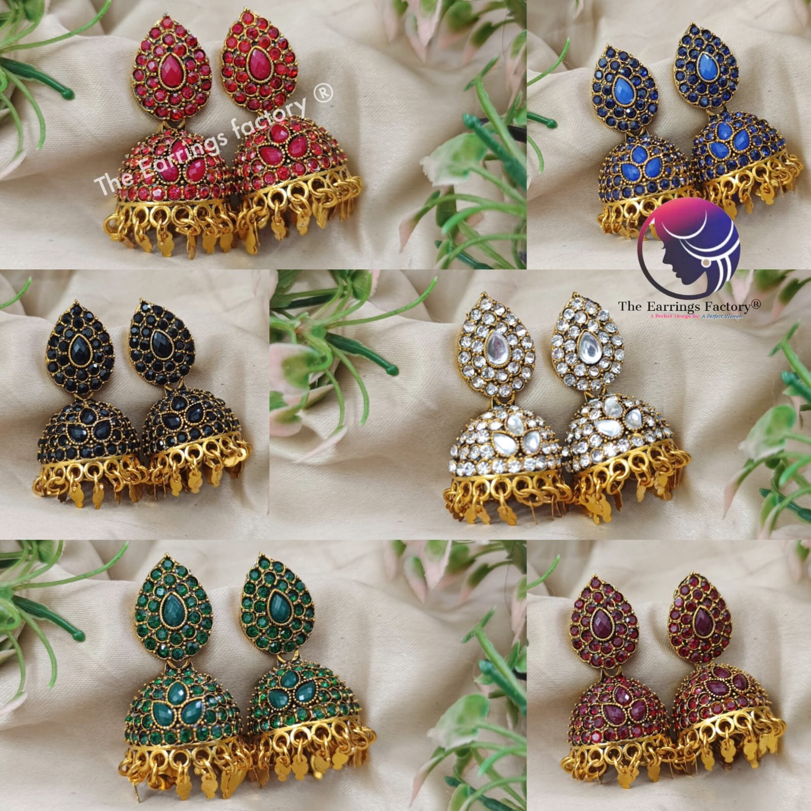 Traditional Golden Colourful Metal Leaf Elakkuthali stone jhumka