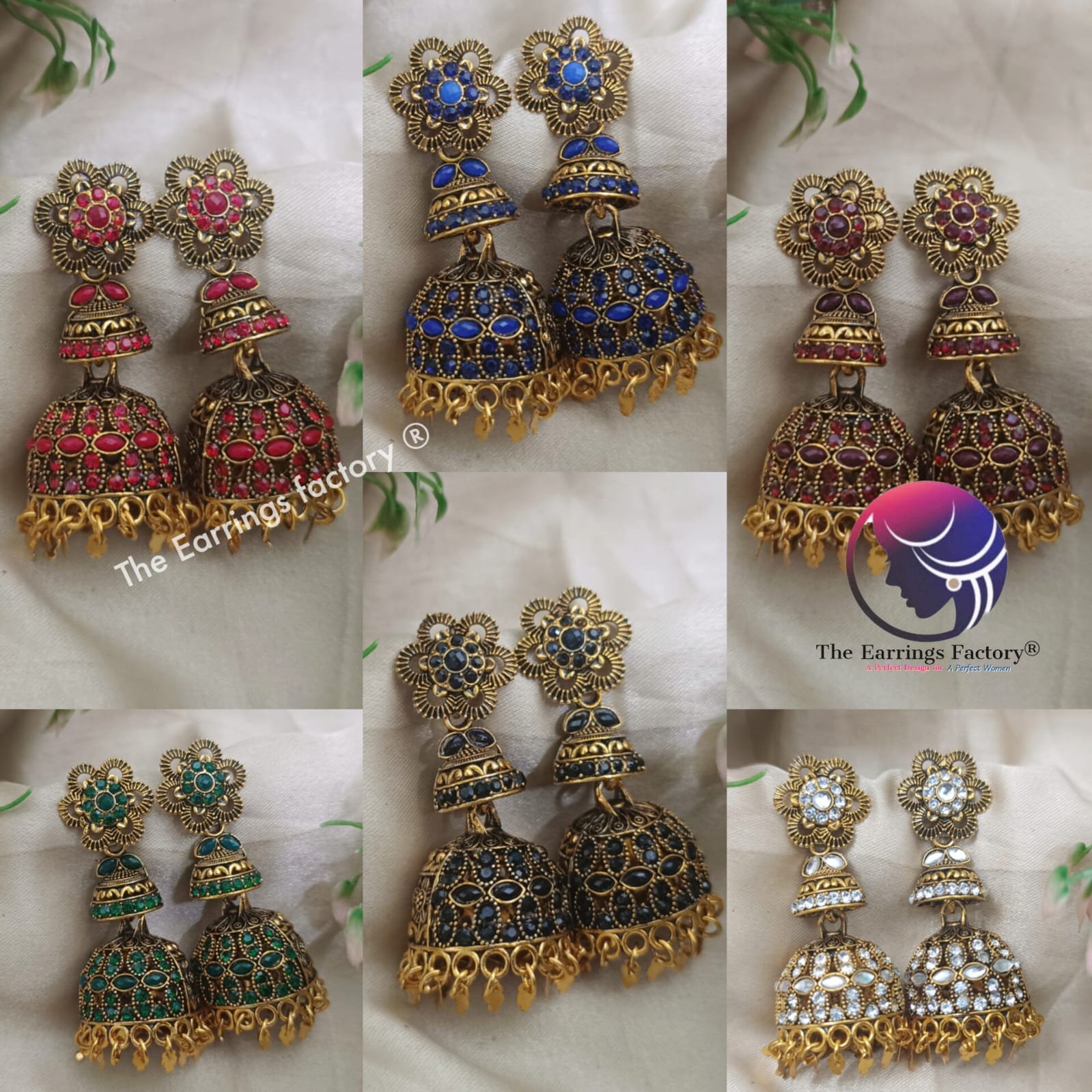 Traditional Golden Colourful Metal Leaf Elakkuthali Floral Layer stone jhumka