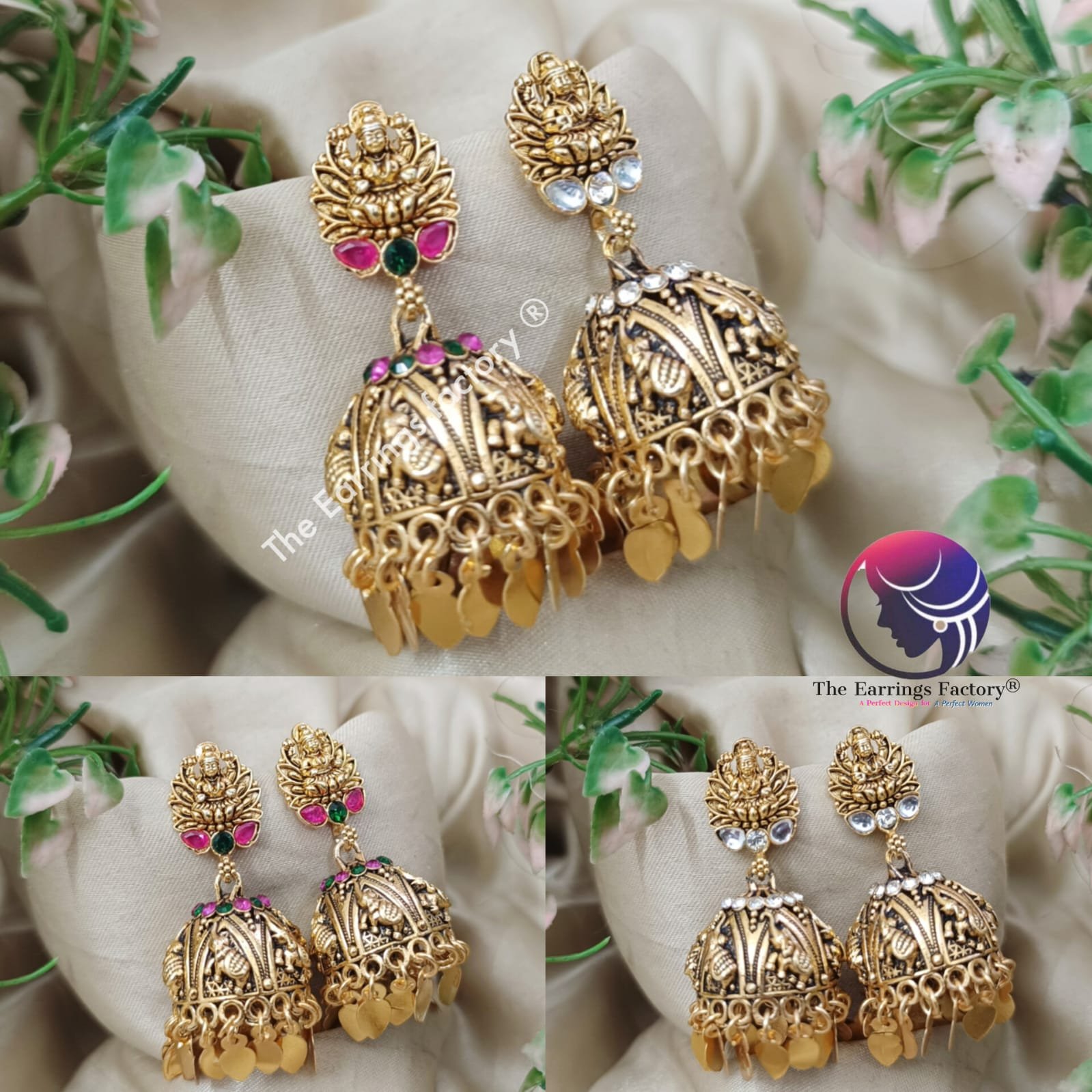 Traditional Lakshmi Golden Colourful Metal Leaf Elakkuthali Temple stone jhumka