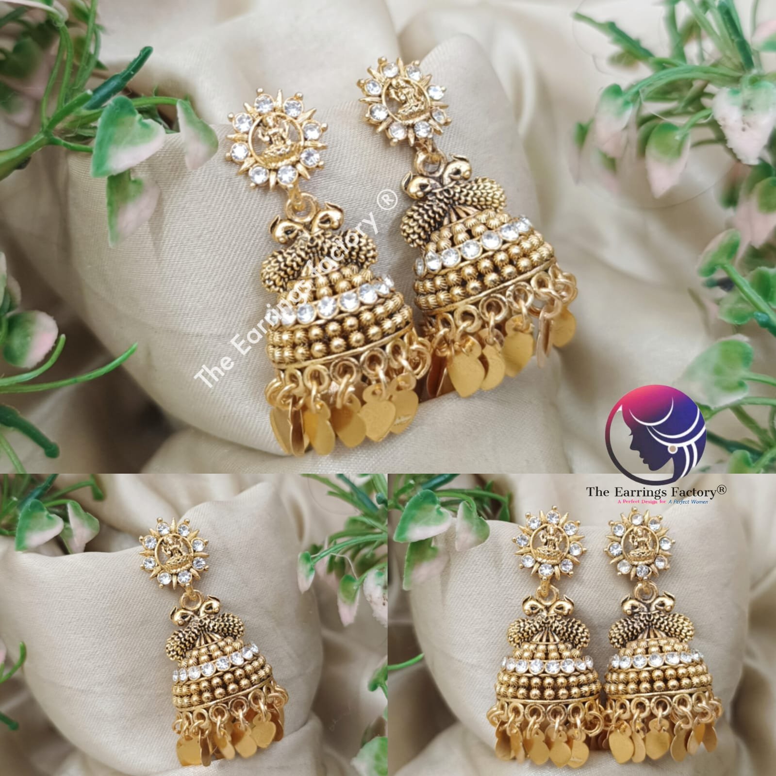 Traditional Lakshmi Golden Colourful Metal Leaf Elakkuthali Temple stone jhumka