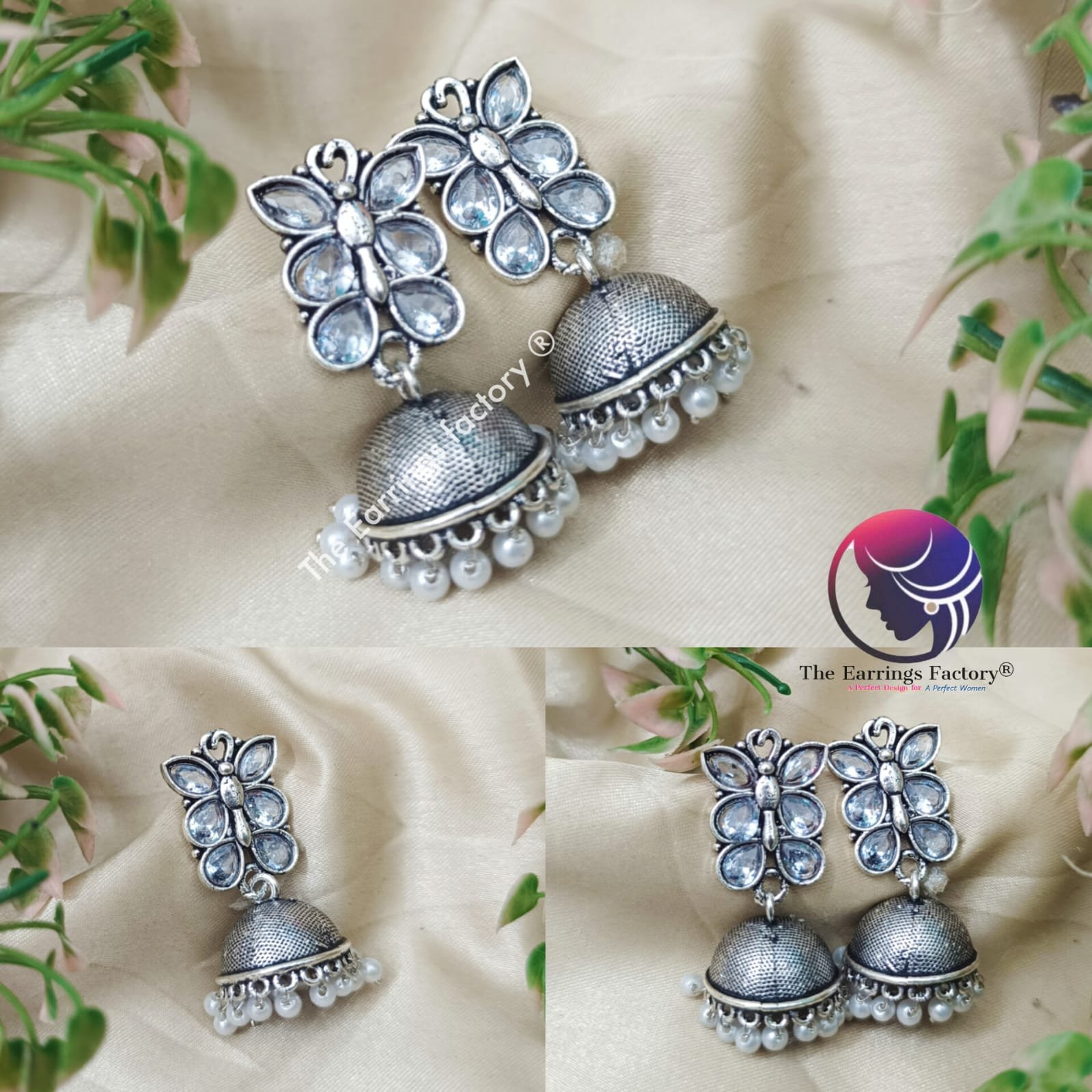 Trending Oxidised Silver Pearl beads Peacock stone Jhumka